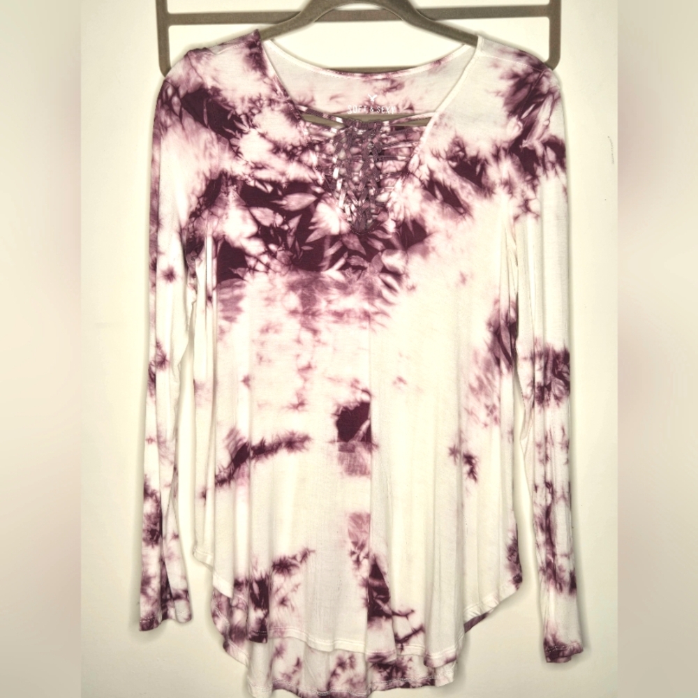 American Eagle Stretchy Long-Sleeve Blouse Purple TyeDye On Ivory Medium LOOK